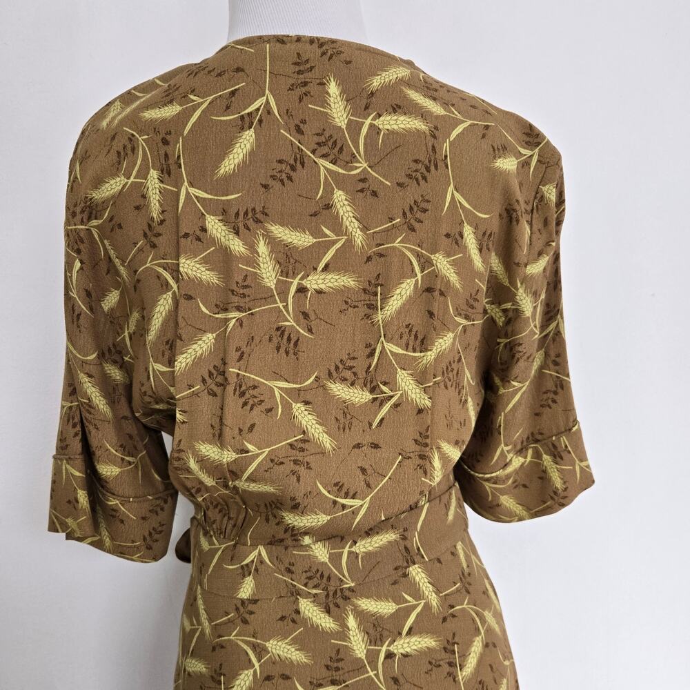 & Other Stories Novelty Wheat Print Midi Dress Faux Wrap Brown Belted Women 6 - Picture 8 of 12
